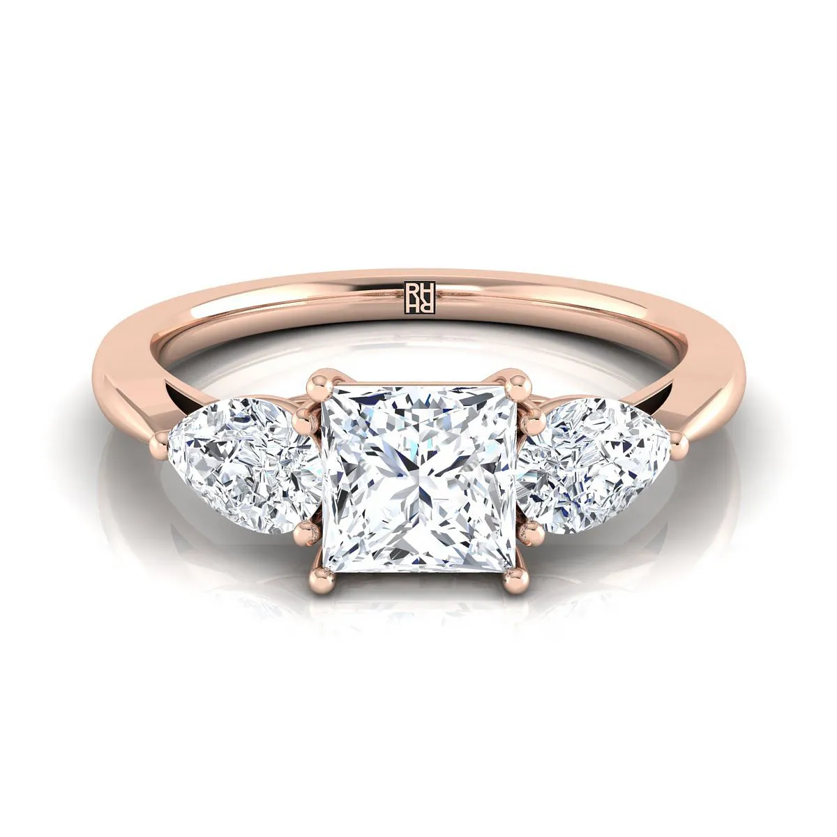 14K Rose Gold Princess Cut Diamond Perfectly Matched Pear Shaped Three Diamond Engagement Ring -7/8ctw