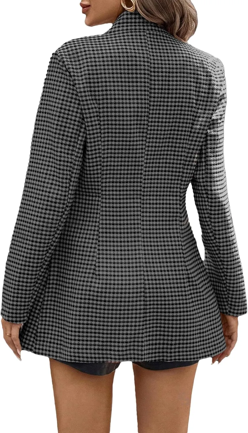2025 Womens Spring Long Plaid Blazer Jacket Houndstooth Notch-Collar Open Front Fashion Casual Suit with Pockets