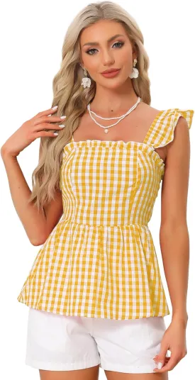 Allegra K Gingham Peplum Top for Women's Summer Square Neck Sleeveless Plaid Blouse