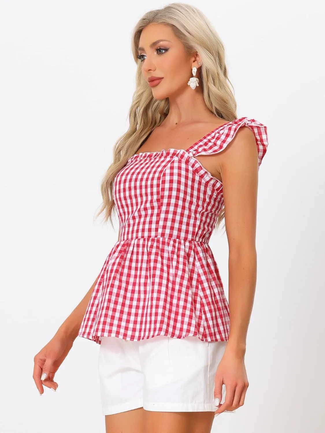 Allegra K Gingham Peplum Top for Women's Summer Square Neck Sleeveless Plaid Blouse