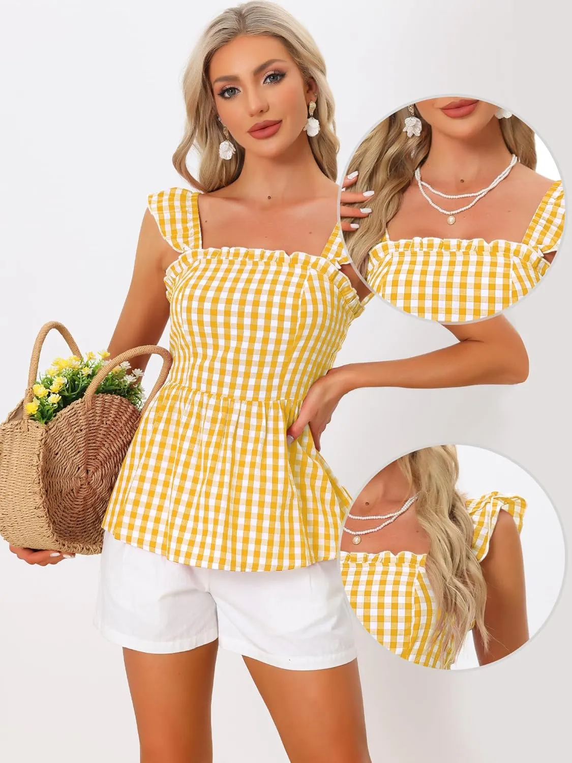 Allegra K Gingham Peplum Top for Women's Summer Square Neck Sleeveless Plaid Blouse