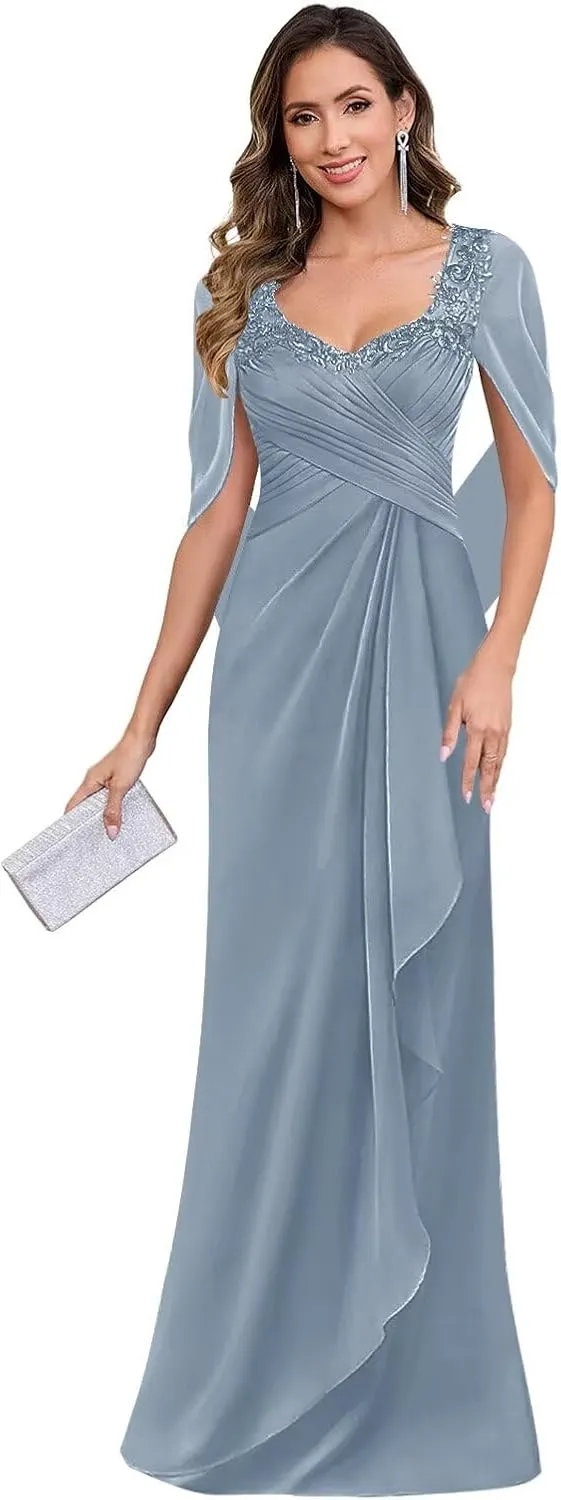 AUMEELAM Lace Applique Chiffon Mother of The Bride Dress Cape Sleeve Pleated Mermaid Formal Dresses