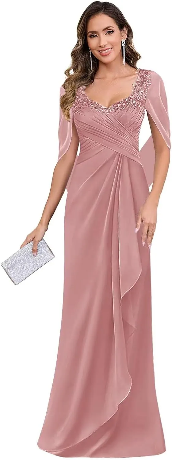 AUMEELAM Lace Applique Chiffon Mother of The Bride Dress Cape Sleeve Pleated Mermaid Formal Dresses