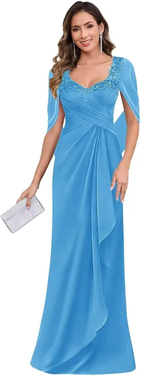 AUMEELAM Lace Applique Chiffon Mother of The Bride Dress Cape Sleeve Pleated Mermaid Formal Dresses