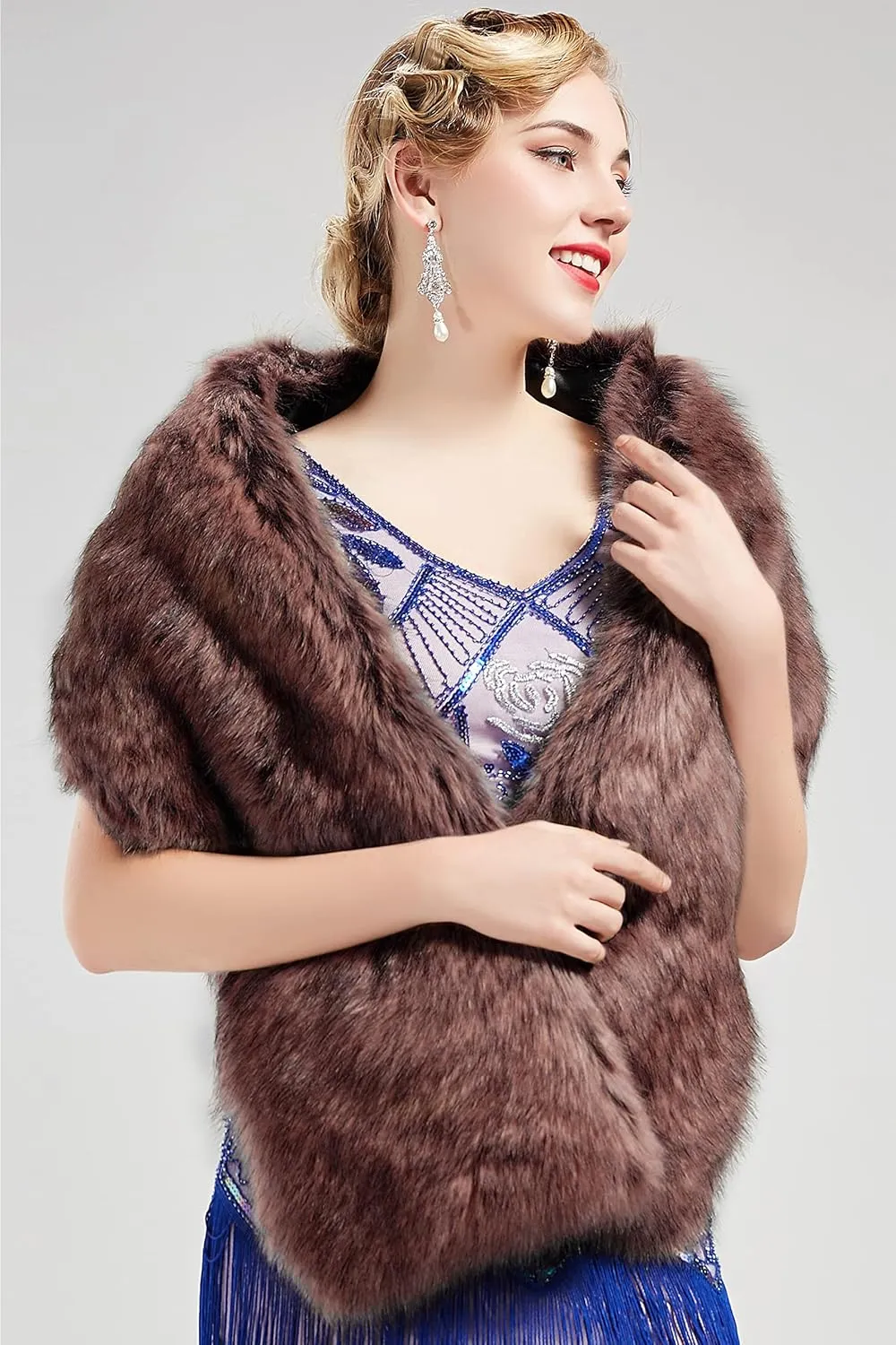 BABEYOND Womens Faux Fur Collar Shawl Faux Fur Scarf Wrap Evening Cape for Winter Coat