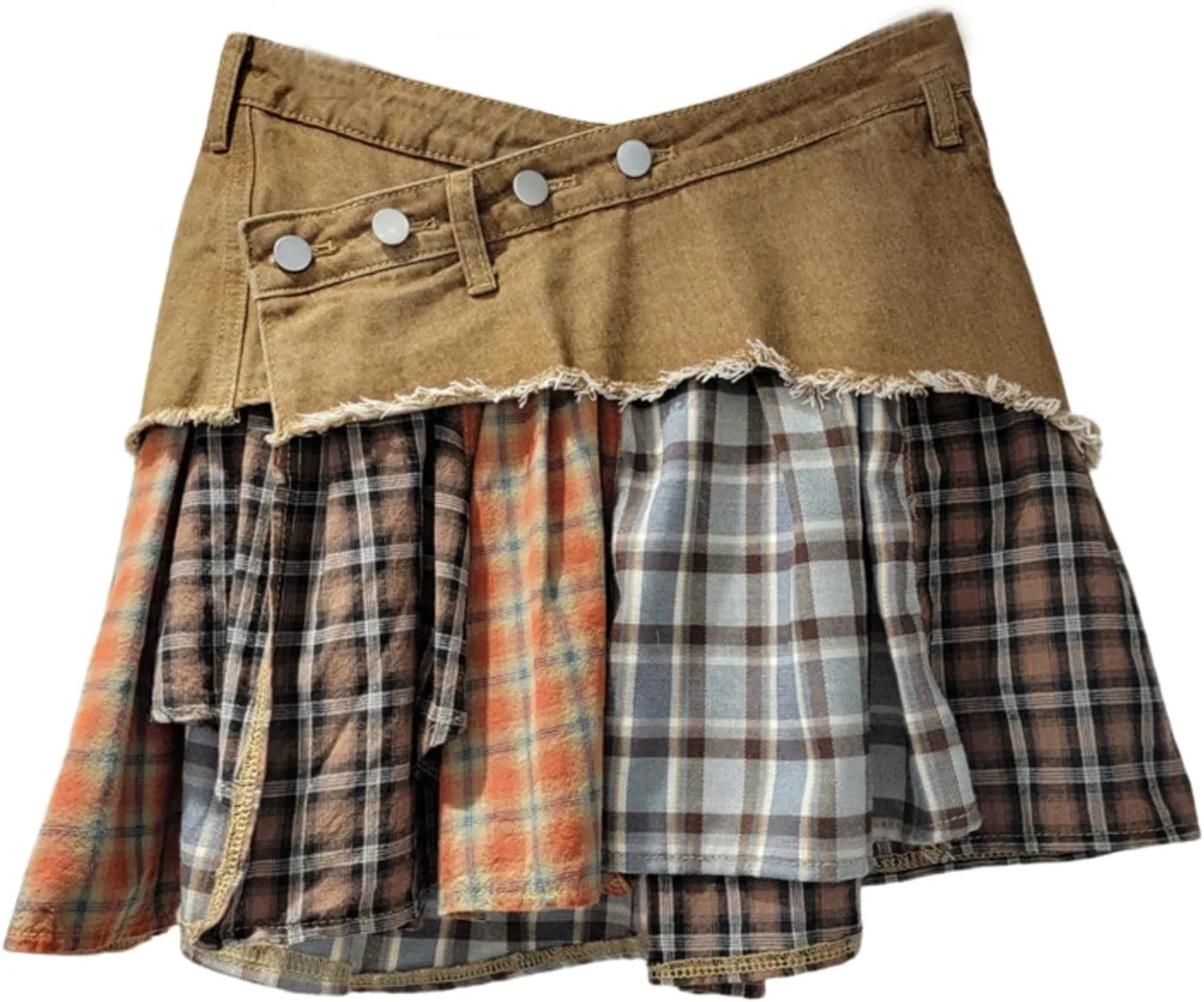BAIMORE Women's Y2k Low Waist Asymmetrical Button A Line Plaid Patchwork Denim Mini Skirt