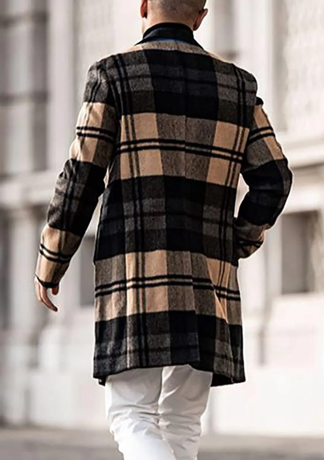 chouyatou Men's Casual Notched Collar Plaid Single Breasted Wool Blend Formal Trench Top Coat
