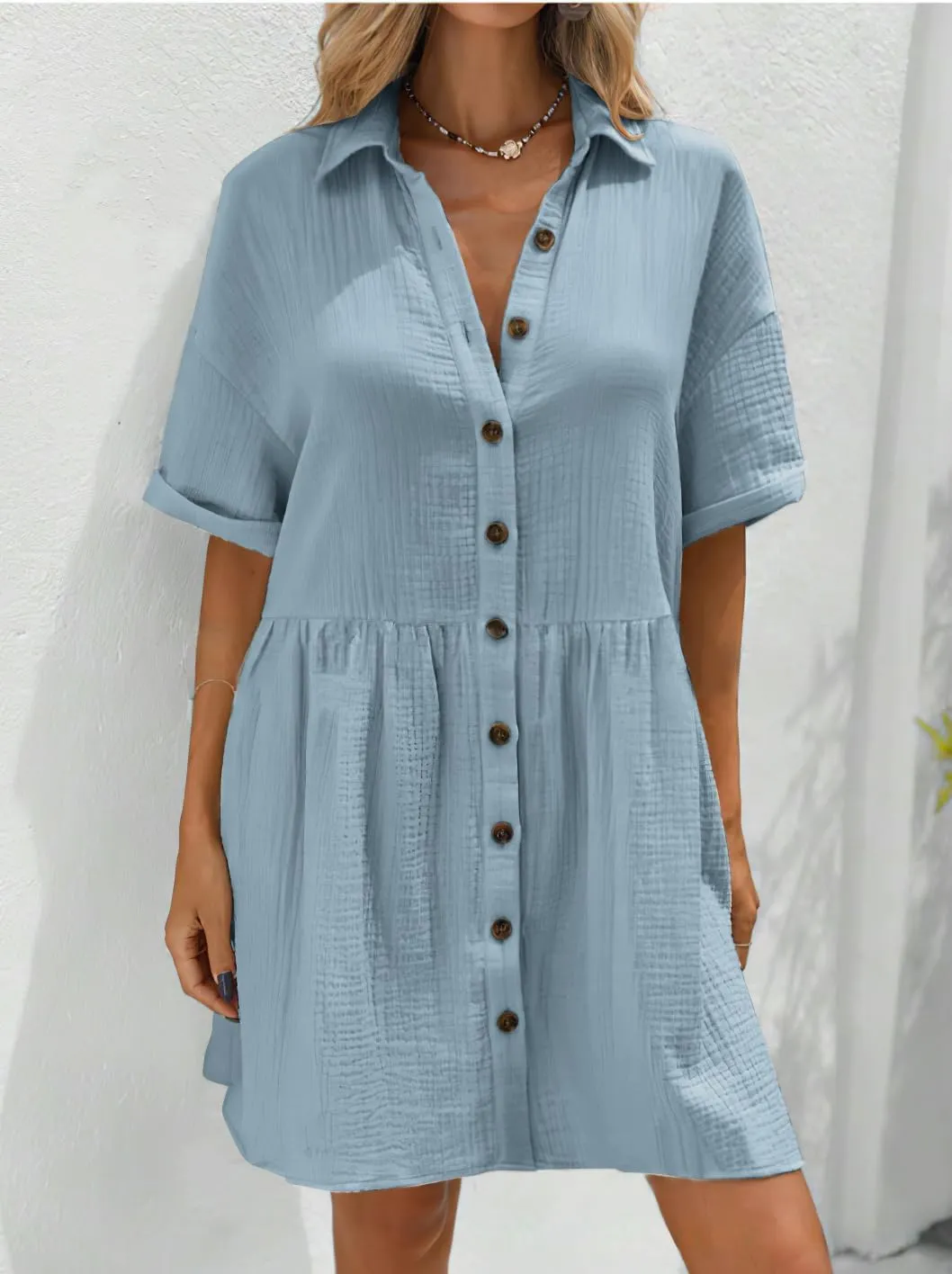 chouyatou Women's Casual Short Sleeve Button Down Mini Shirt Dress Cotton Babydoll Tunic Loose Beach Dress