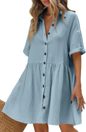 chouyatou Women's Casual Short Sleeve Button Down Mini Shirt Dress Cotton Babydoll Tunic Loose Beach Dress