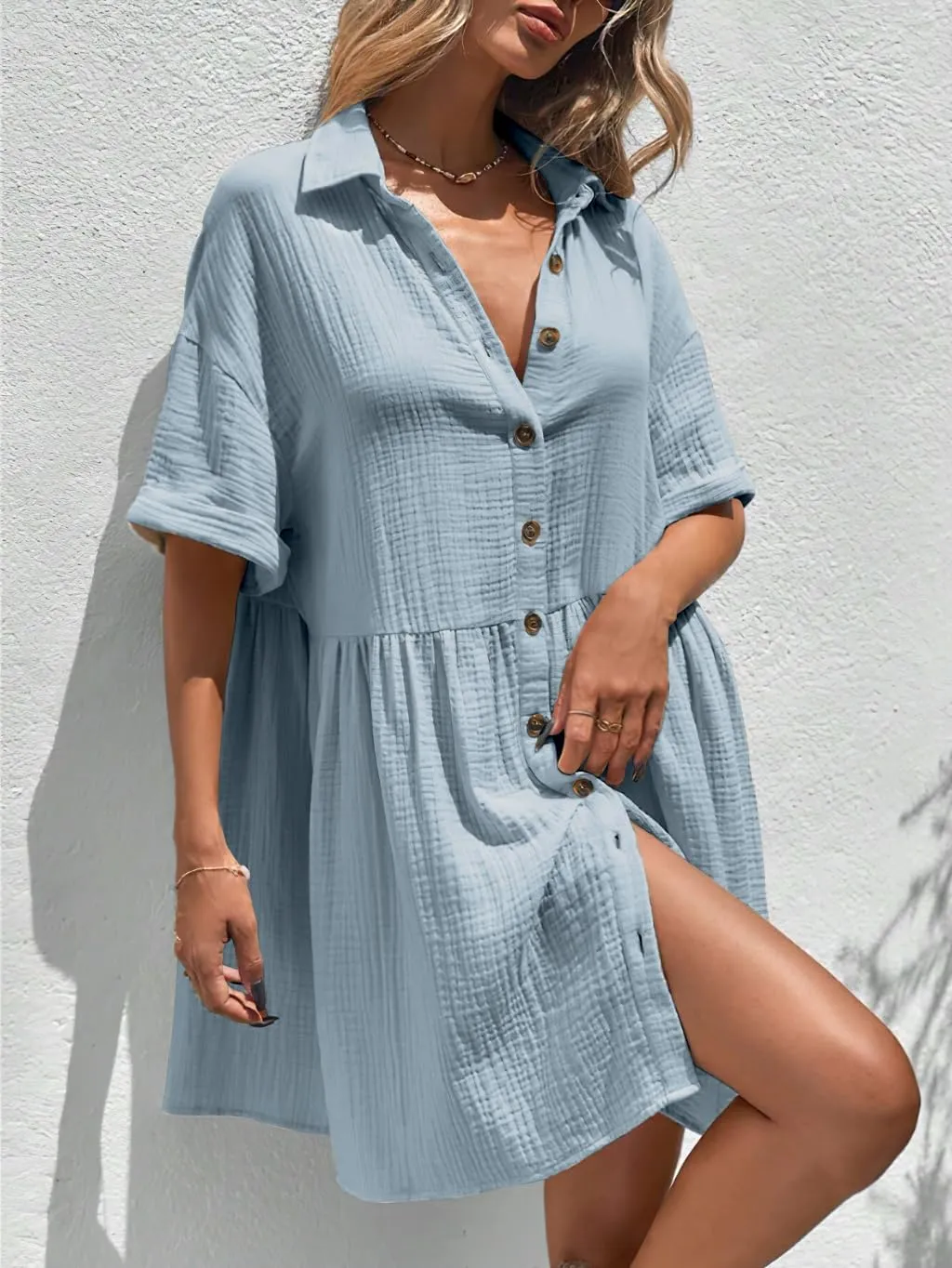 chouyatou Women's Casual Short Sleeve Button Down Mini Shirt Dress Cotton Babydoll Tunic Loose Beach Dress