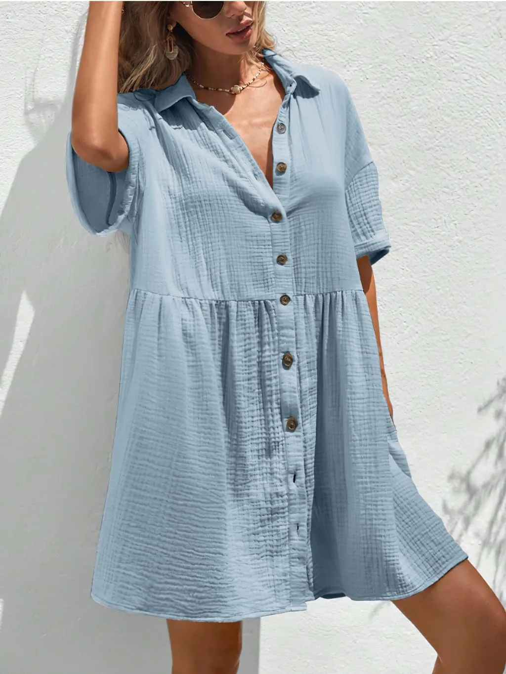 chouyatou Women's Casual Short Sleeve Button Down Mini Shirt Dress Cotton Babydoll Tunic Loose Beach Dress