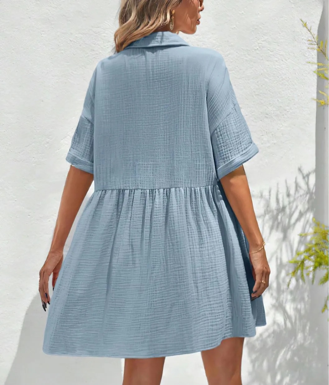 chouyatou Women's Casual Short Sleeve Button Down Mini Shirt Dress Cotton Babydoll Tunic Loose Beach Dress