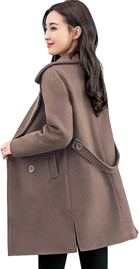 chouyatou Women's Elegant Lapel Collar Double Breasted Wool Blend Pea Coat with Belt