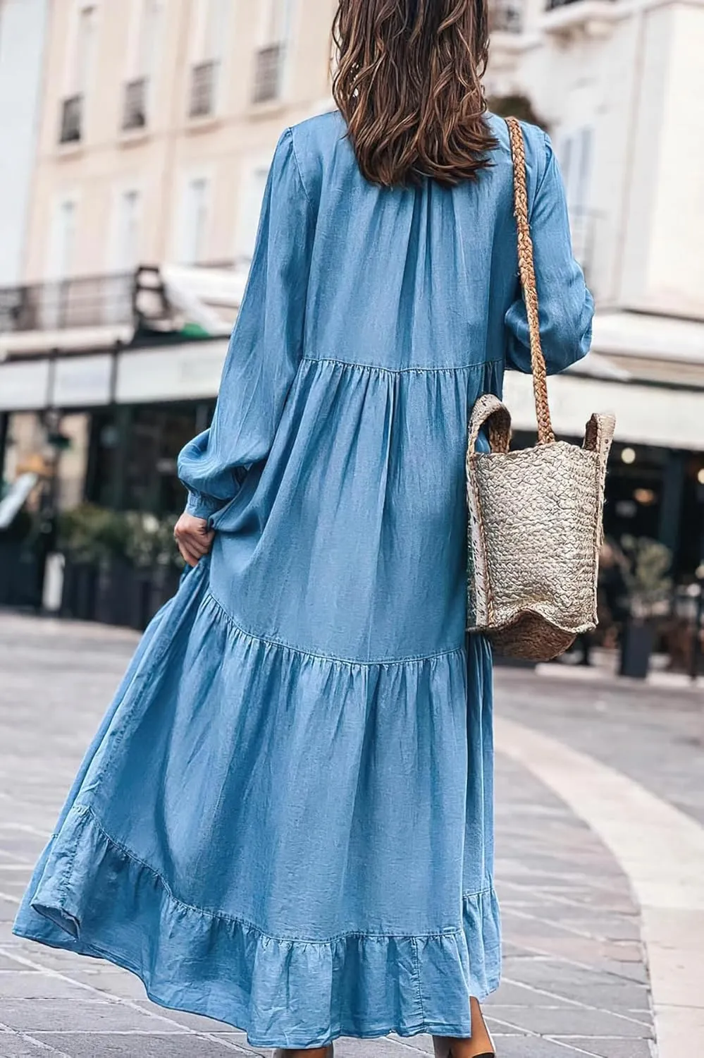 chouyatou Women's Spring Long Sleeeve Tiered Denim Dress Summer Flowy A-Line Maxi Long Tunic Dress