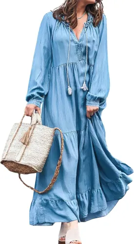 chouyatou Women's Spring Long Sleeeve Tiered Denim Dress Summer Flowy A-Line Maxi Long Tunic Dress