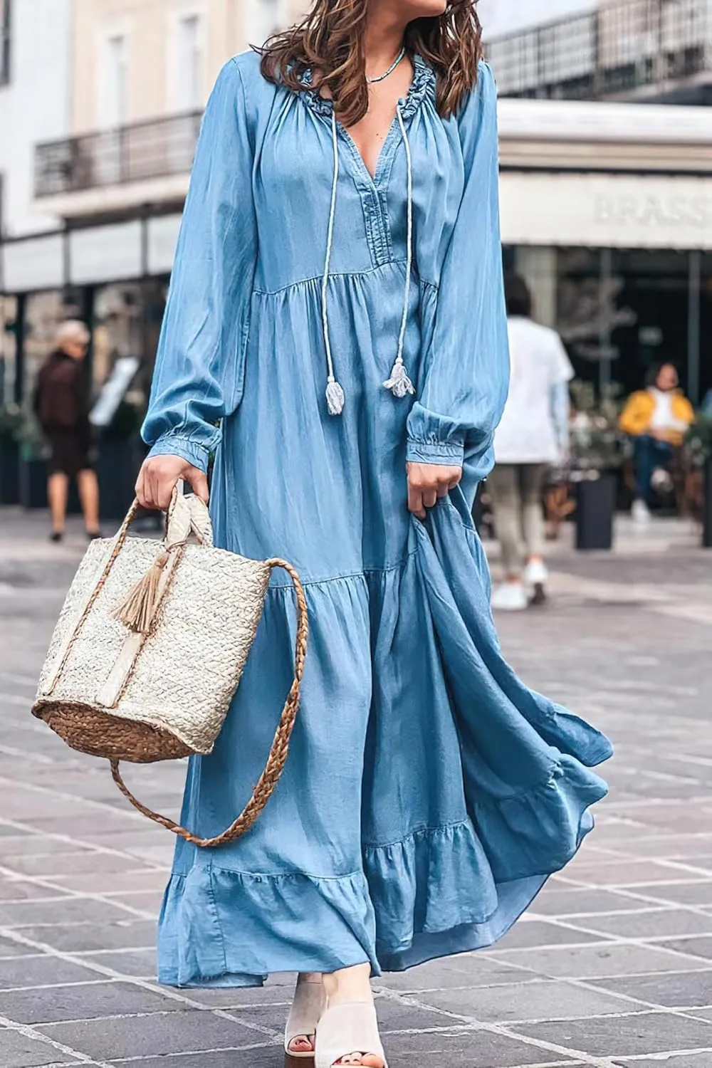 chouyatou Women's Spring Long Sleeeve Tiered Denim Dress Summer Flowy A-Line Maxi Long Tunic Dress