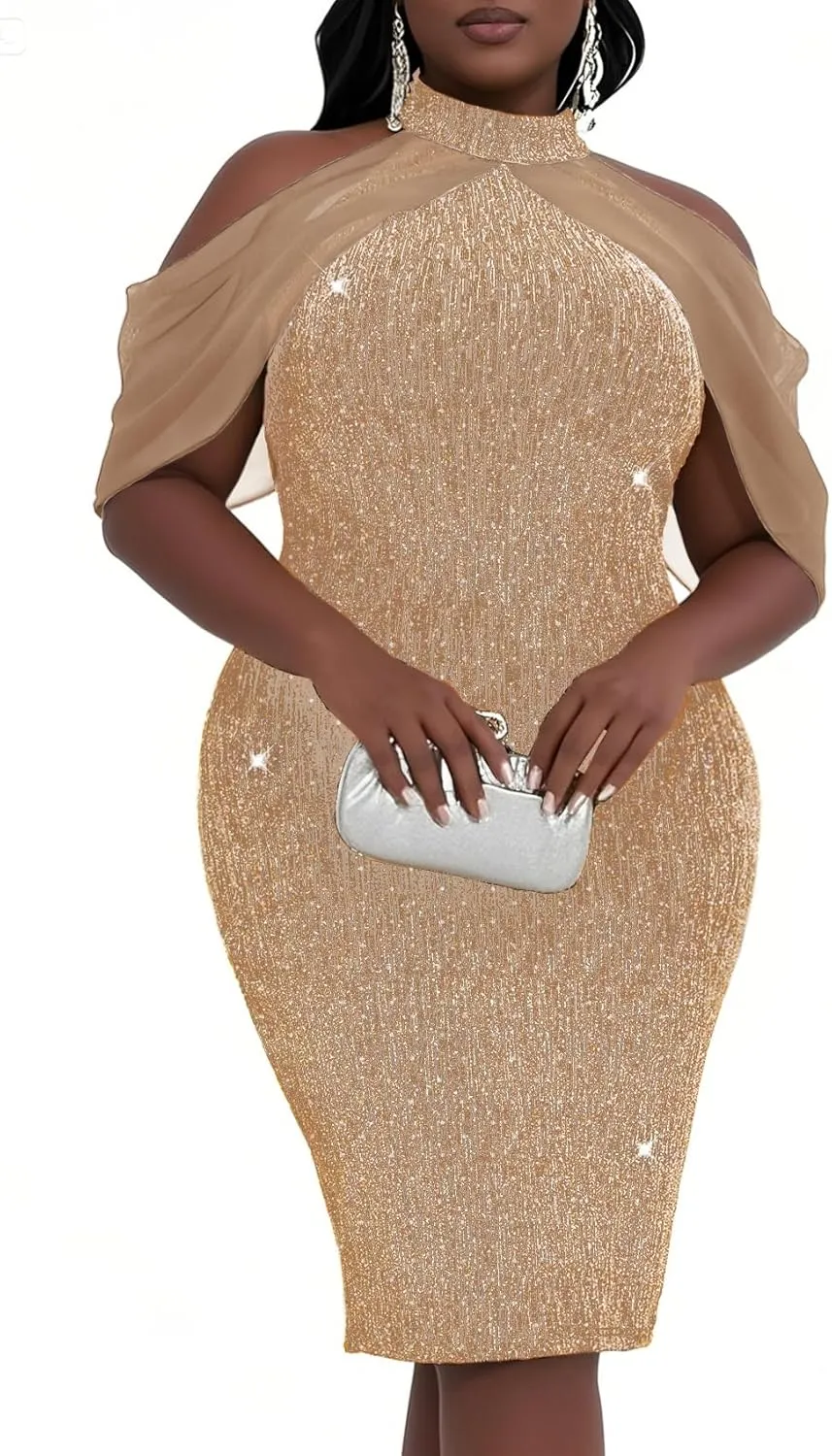 CYCLAMEN Plus Size Sparkly Dress Rhinestone Knee Length Formal Cocktail Glitter Halter Neck Cape Bodycon Night Out