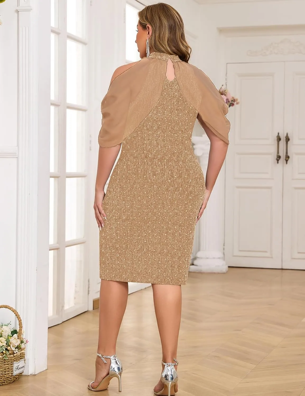 CYCLAMEN Plus Size Sparkly Dress Rhinestone Knee Length Formal Cocktail Glitter Halter Neck Cape Bodycon Night Out