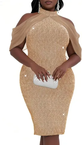 CYCLAMEN Plus Size Sparkly Dress Rhinestone Knee Length Formal Cocktail Glitter Halter Neck Cape Bodycon Night Out