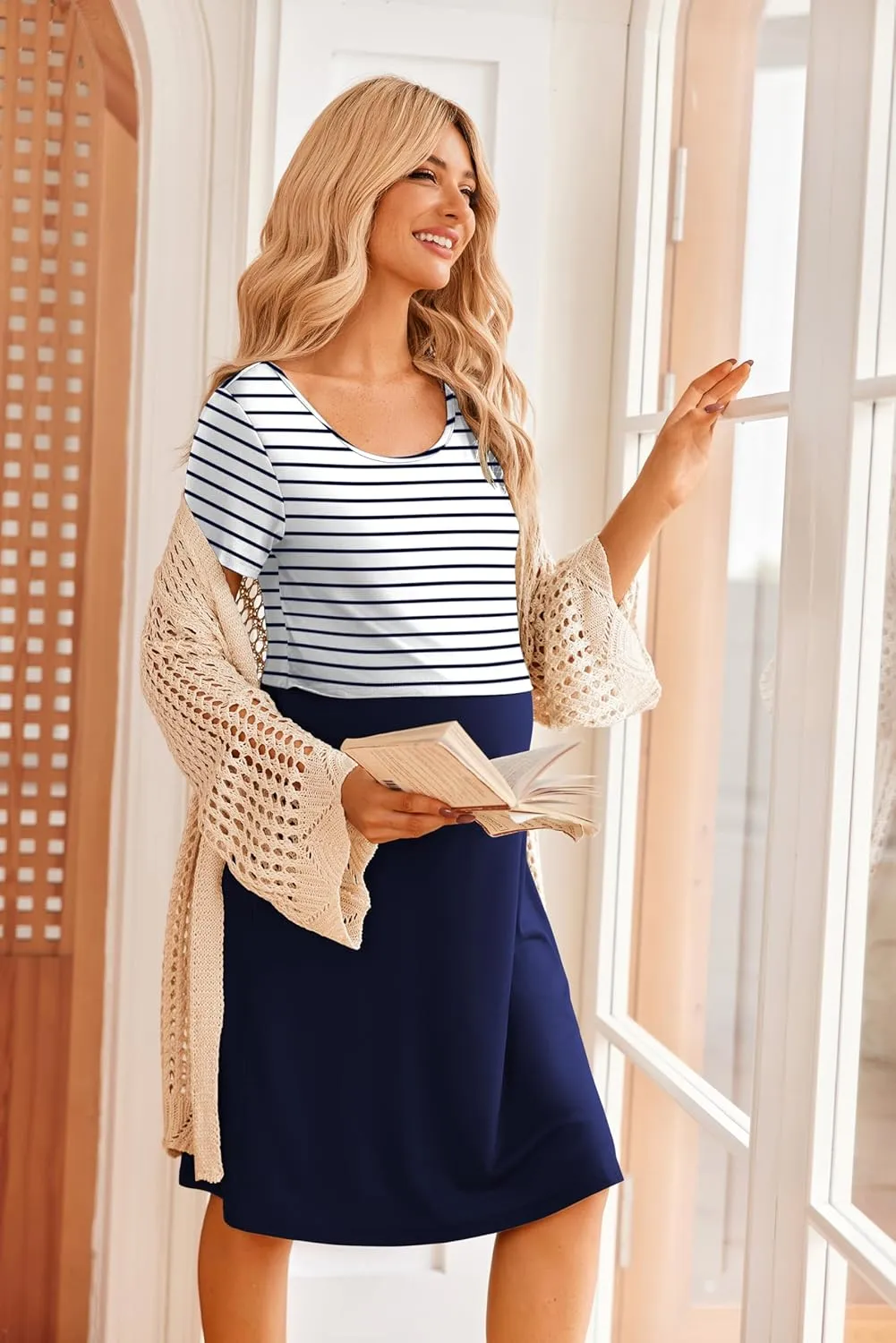 Ekouaer Women's Nursing Dress Summer Short Sleeve Patchwork Maternity Breastfeeding Knee Length Dress