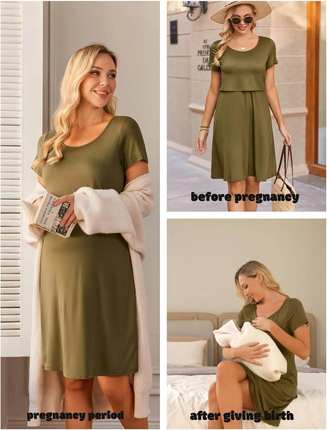Ekouaer Women's Nursing Dress Summer Short Sleeve Patchwork Maternity Breastfeeding Knee Length Dress