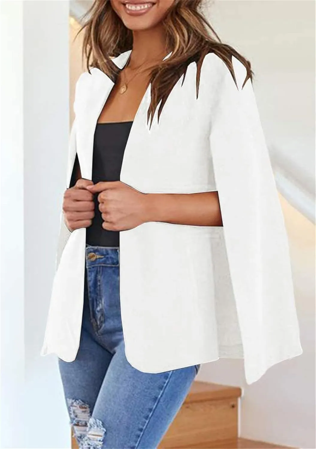 FLITAY Womens Open Front Trendy Cape Blazer Split Sleeve Casual Jacket Solid Color Elegant Coat