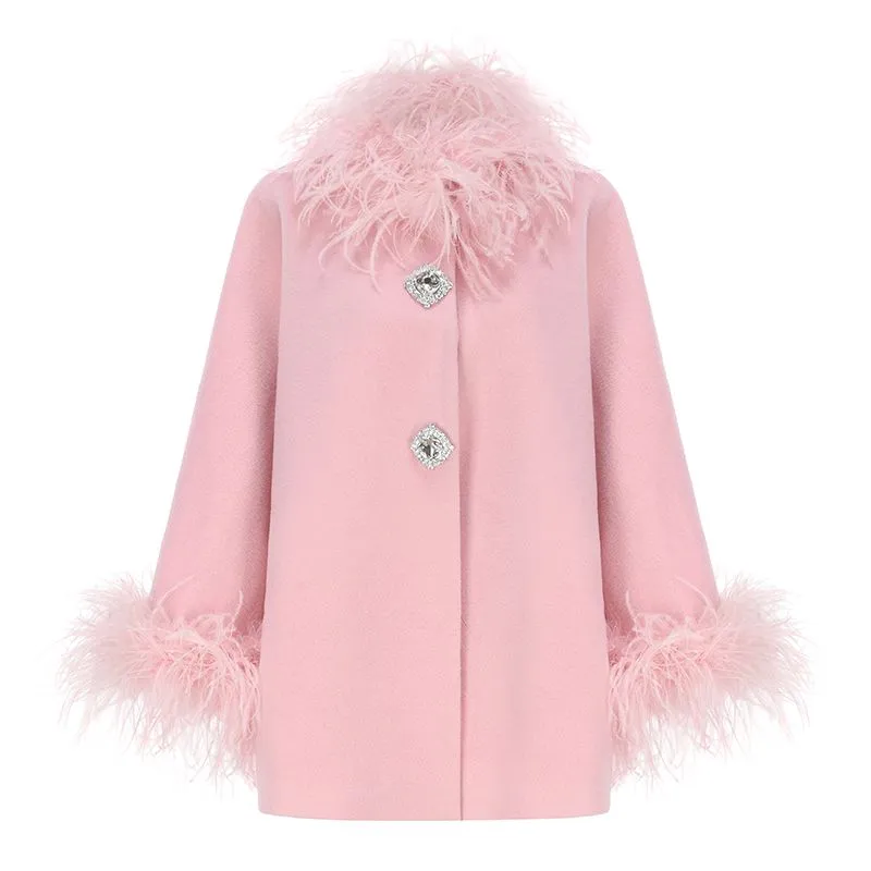 Fluffy Ostrich Feather Collar Woolen Coat