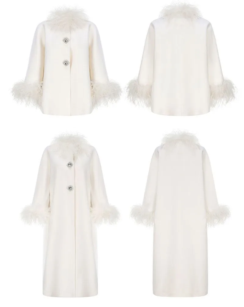 Fluffy Ostrich Feather Collar Woolen Coat