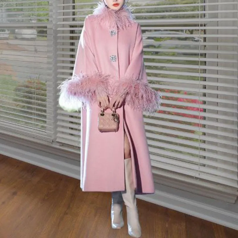 Fluffy Ostrich Feather Collar Woolen Coat