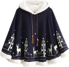 Flygo Women Girl's Cute Fleece Lined Hooded Cape Poncho Cloak Coat Animal Printed