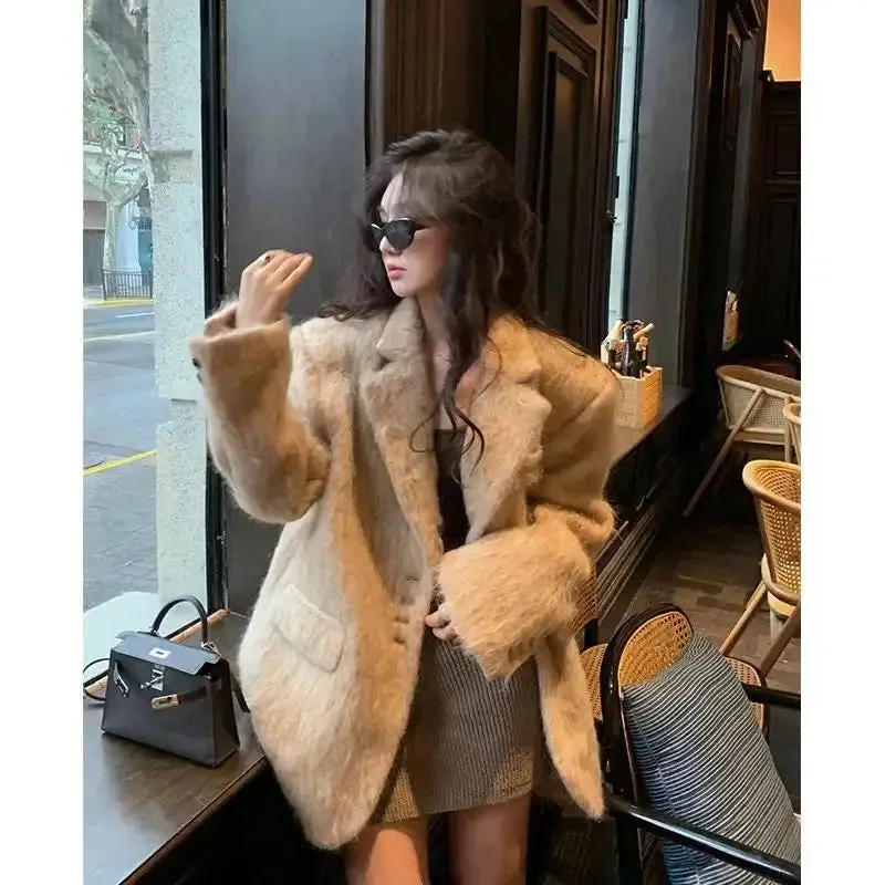Girlary Fashion Pink Woolen Jacket Women Winter V Neck Mohair Buttons Single Breasted Pockets Coat Ladies Office Street Casual Outerwear