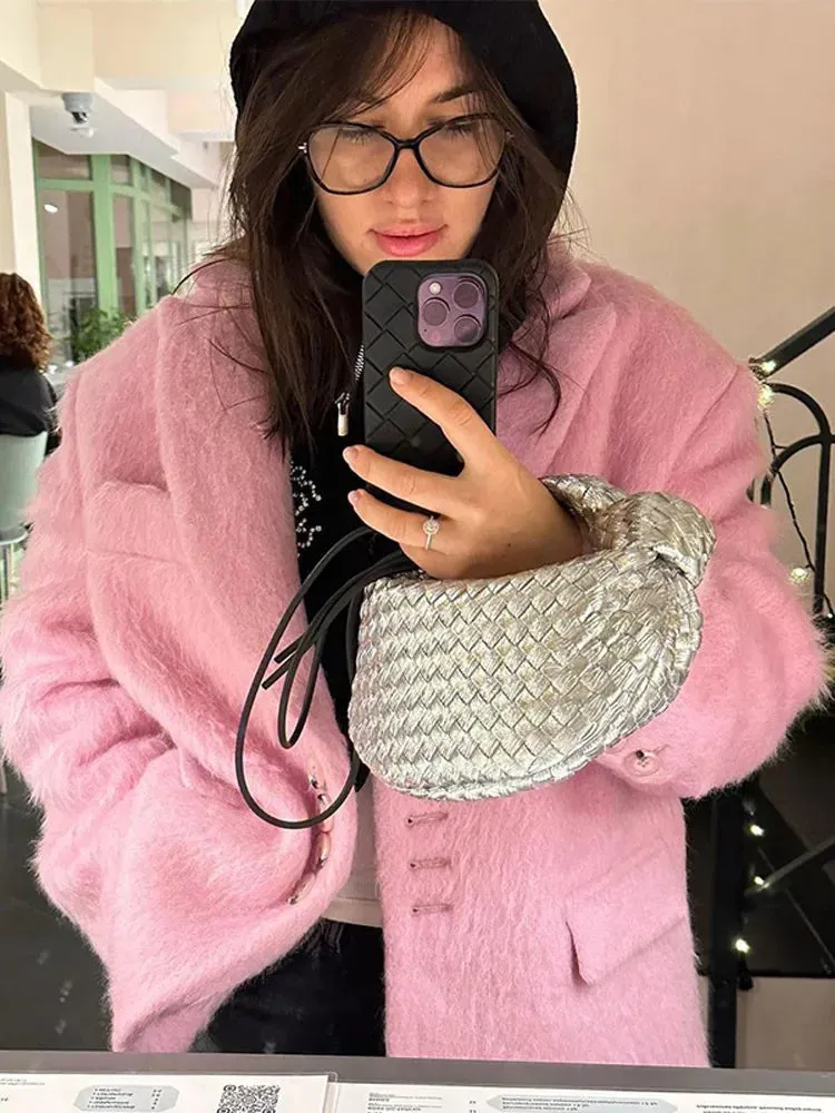 Girlary Fashion Pink Woolen Jacket Women Winter V Neck Mohair Buttons Single Breasted Pockets Coat Ladies Office Street Casual Outerwear