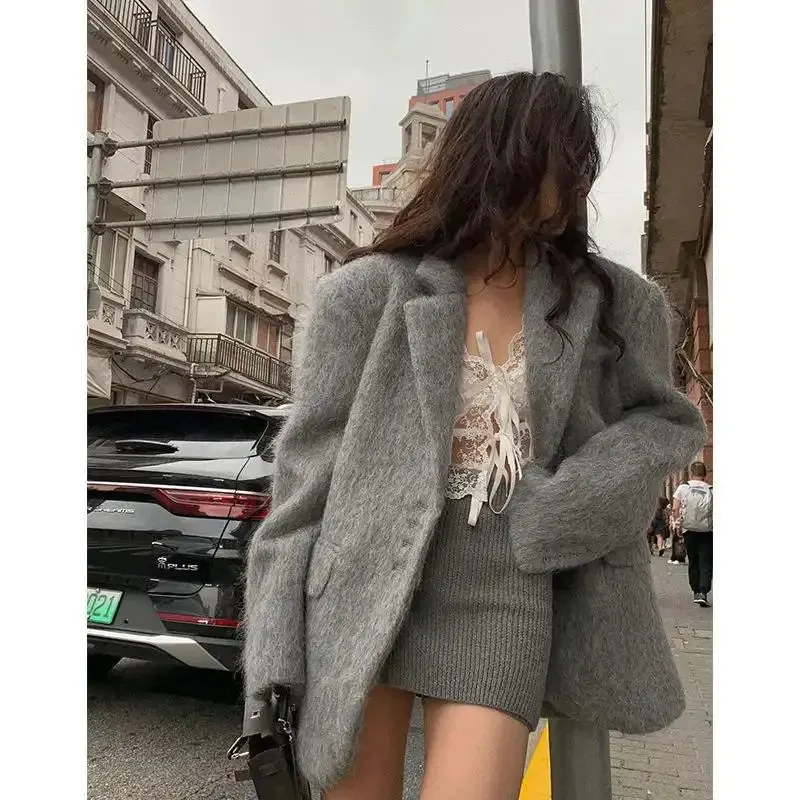 Girlary Fashion Pink Woolen Jacket Women Winter V Neck Mohair Buttons Single Breasted Pockets Coat Ladies Office Street Casual Outerwear