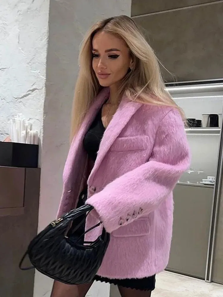 Girlary Fashion Pink Woolen Jacket Women Winter V Neck Mohair Buttons Single Breasted Pockets Coat Ladies Office Street Casual Outerwear