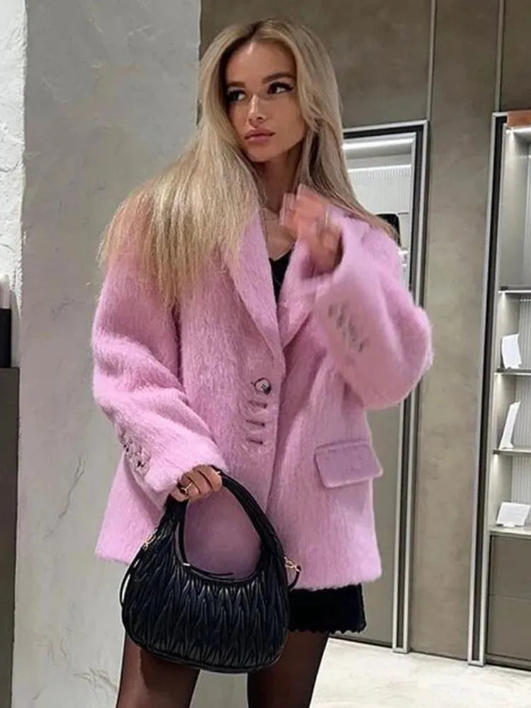 Girlary Fashion Pink Woolen Jacket Women Winter V Neck Mohair Buttons Single Breasted Pockets Coat Ladies Office Street Casual Outerwear