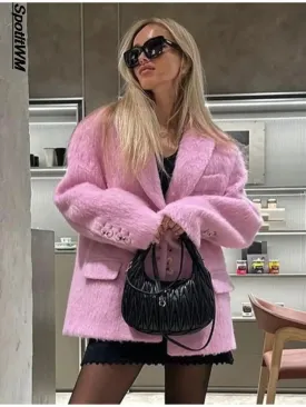 Girlary Fashion Pink Woolen Jacket Women Winter V Neck Mohair Buttons Single Breasted Pockets Coat Ladies Office Street Casual Outerwear