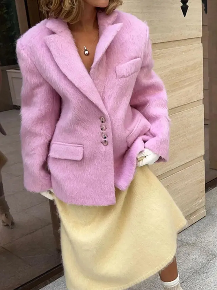 Girlary Fashion Pink Woolen Jacket Women Winter V Neck Mohair Buttons Single Breasted Pockets Coat Ladies Office Street Casual Outerwear