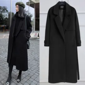 Girlary-shop going out outfits Black Woolen Coat Women's Mid-Length Korean Style Coat New Autumn and Winter over-the-Knee Hepburn Style Woolen Fashion