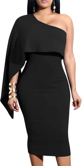 GOBLES Women's Summer Sexy One Shoulder Ruffle Bodycon Midi Cocktail Dress
