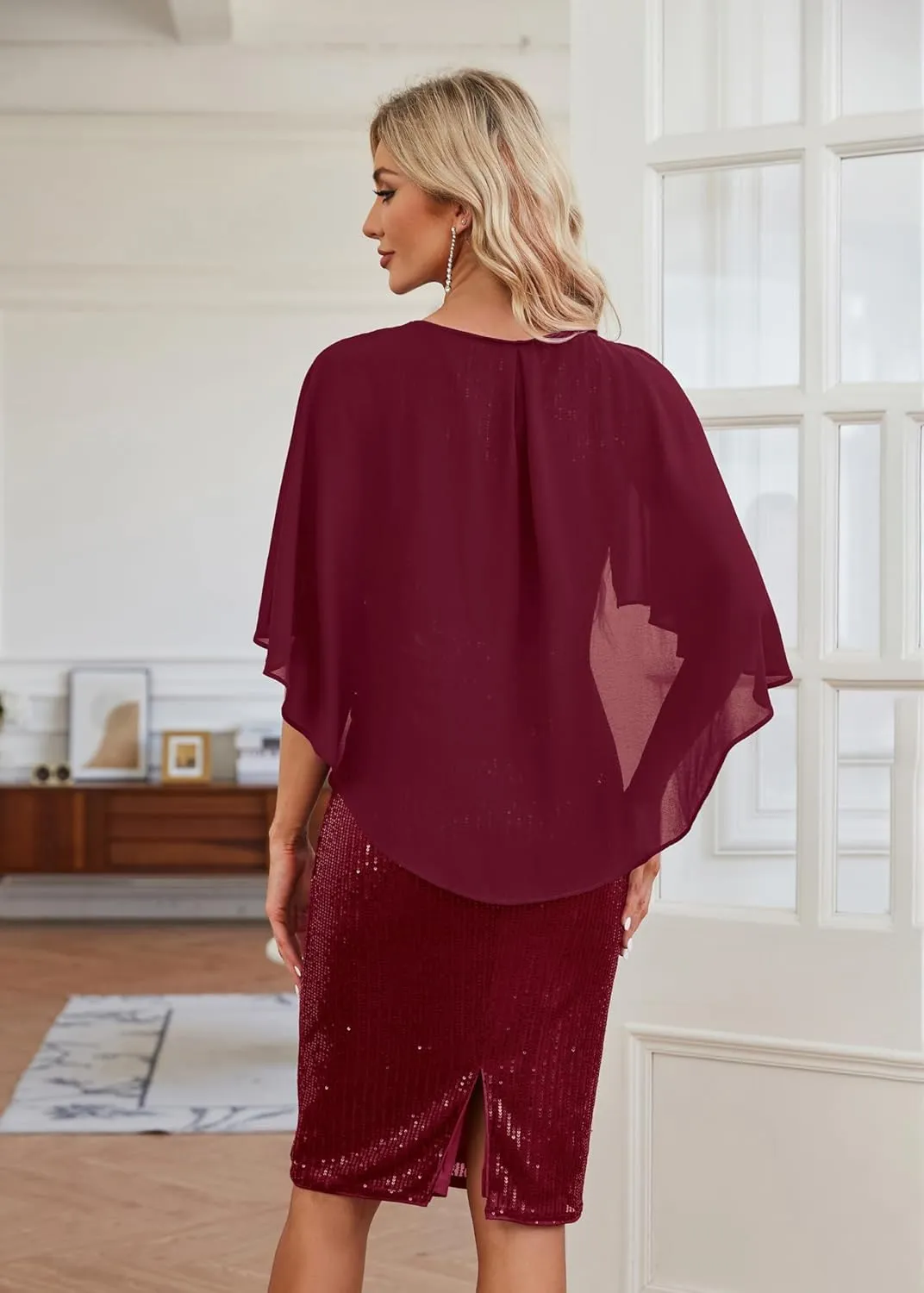 Hanna Nikole 2024 Womens Sequin Party Dress Plus Size Chiffon Cape Sleeve Cocktail Midi Dress