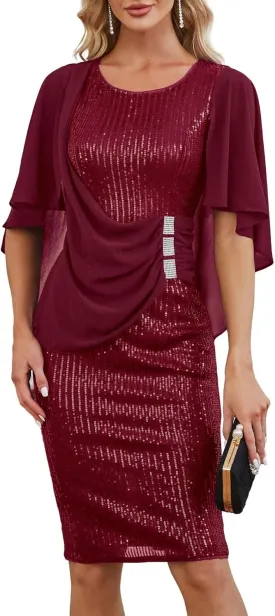 Hanna Nikole 2024 Womens Sequin Party Dress Plus Size Chiffon Cape Sleeve Cocktail Midi Dress