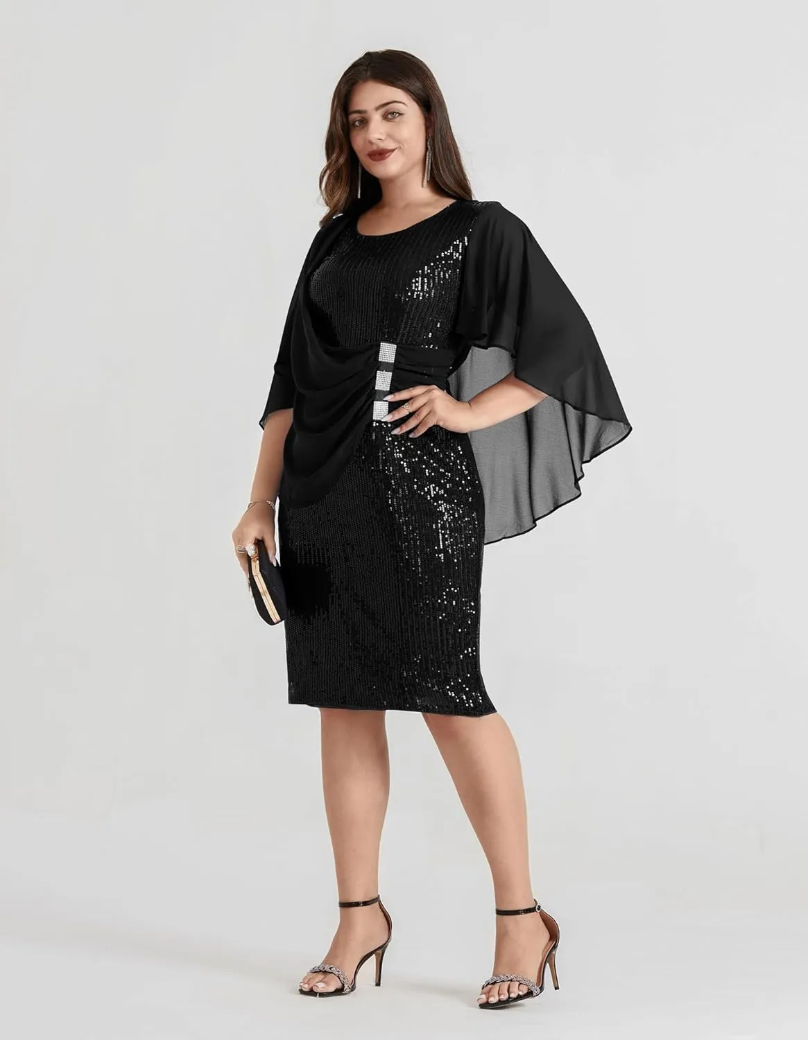 Hanna Nikole 2024 Womens Sequin Party Dress Plus Size Chiffon Cape Sleeve Cocktail Midi Dress