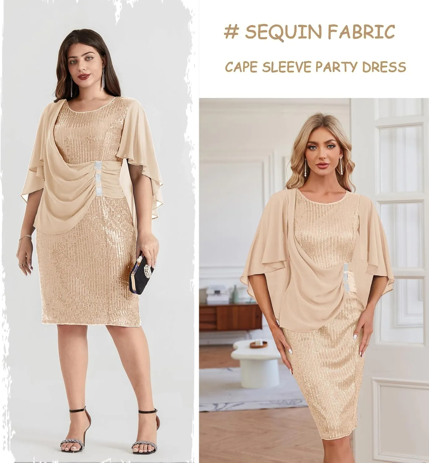 Hanna Nikole 2024 Womens Sequin Party Dress Plus Size Chiffon Cape Sleeve Cocktail Midi Dress