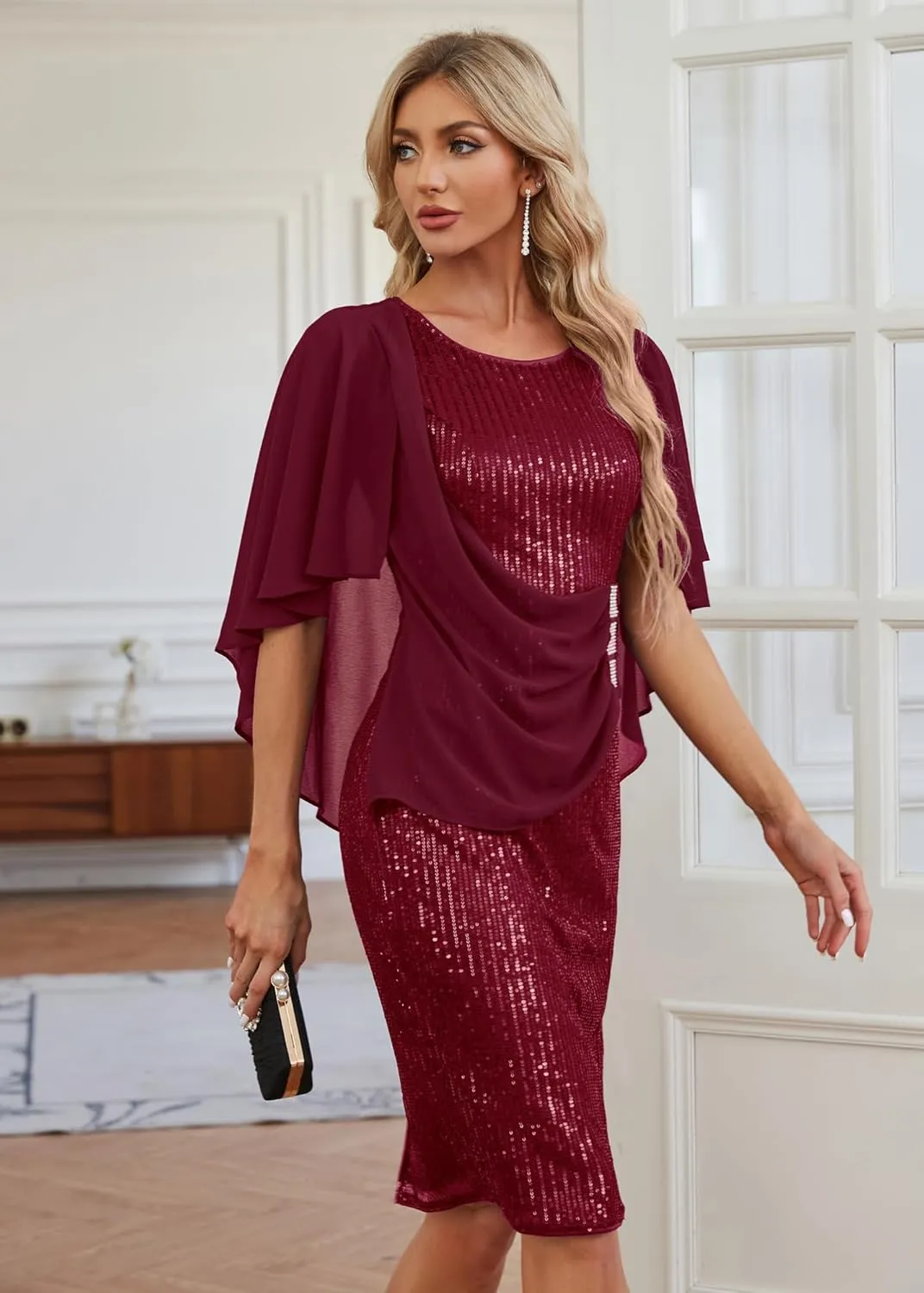 Hanna Nikole 2024 Womens Sequin Party Dress Plus Size Chiffon Cape Sleeve Cocktail Midi Dress
