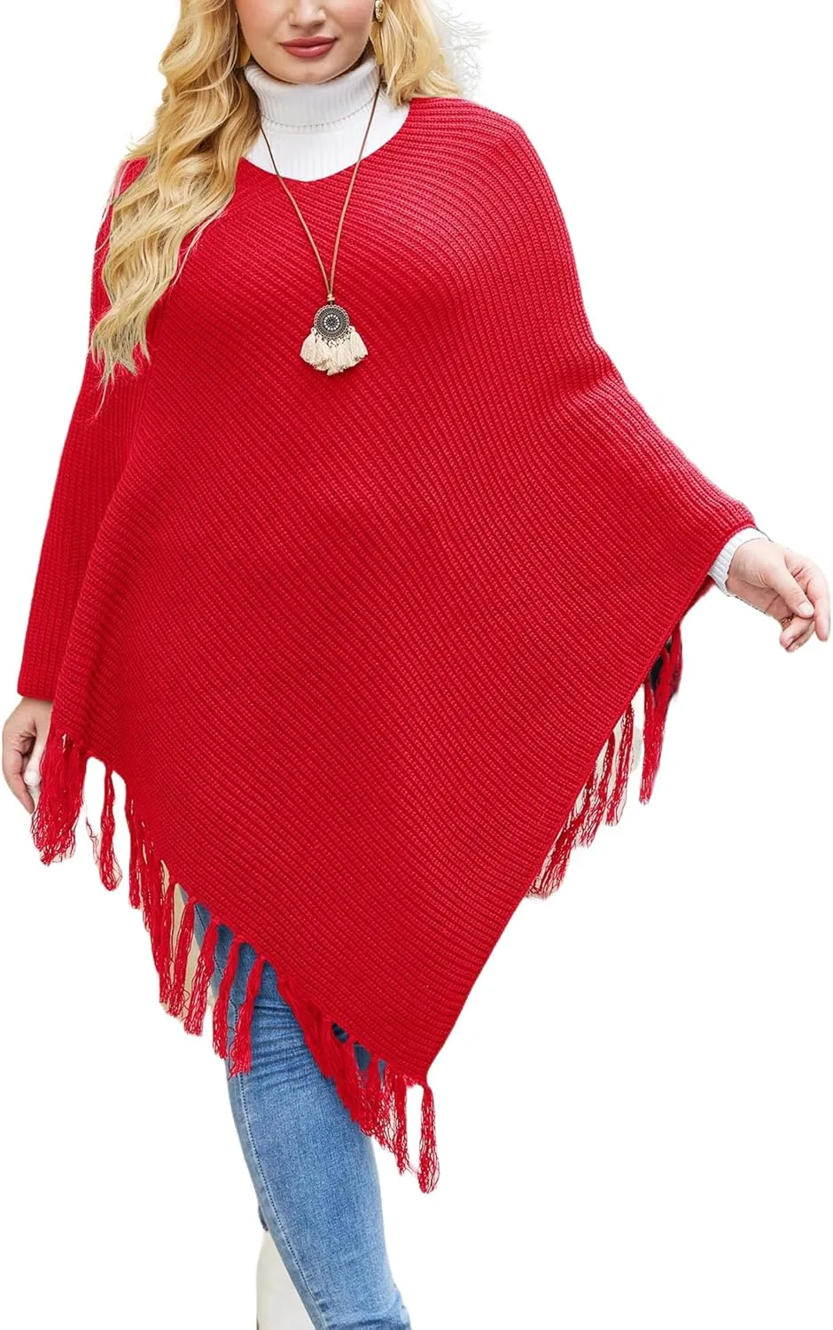 IN'VOLAND Women's Shawl Wraps Knitted Shawl with Fringed Capelet V-Neck Striped Poncho Sweater Pullover Cape for Women
