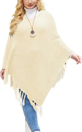 IN'VOLAND Women's Shawl Wraps Knitted Shawl with Fringed Capelet V-Neck Striped Poncho Sweater Pullover Cape for Women