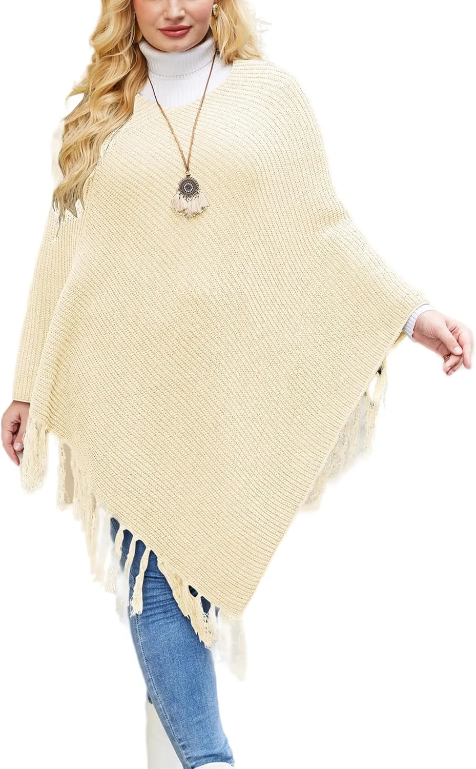 IN'VOLAND Women's Shawl Wraps Knitted Shawl with Fringed Capelet V-Neck Striped Poncho Sweater Pullover Cape for Women