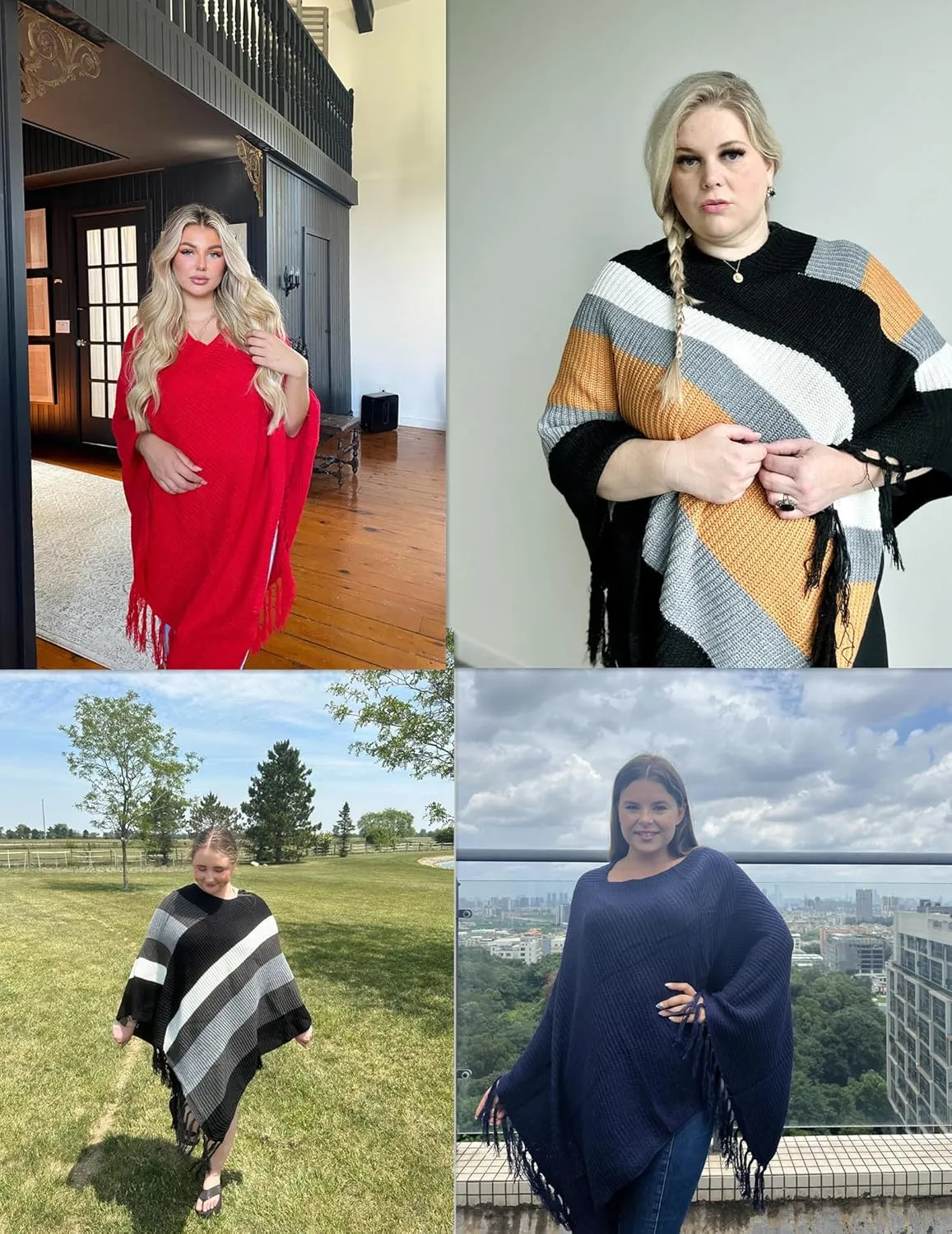 IN'VOLAND Women's Shawl Wraps Knitted Shawl with Fringed Capelet V-Neck Striped Poncho Sweater Pullover Cape for Women