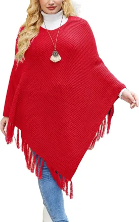 IN'VOLAND Women's Shawl Wraps Knitted Shawl with Fringed Capelet V-Neck Striped Poncho Sweater Pullover Cape for Women
