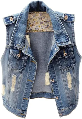 Kedera Womens Denim Jean Vest Classic Junior Button Up Cropped Distressed Sleeveless Jean Jacket